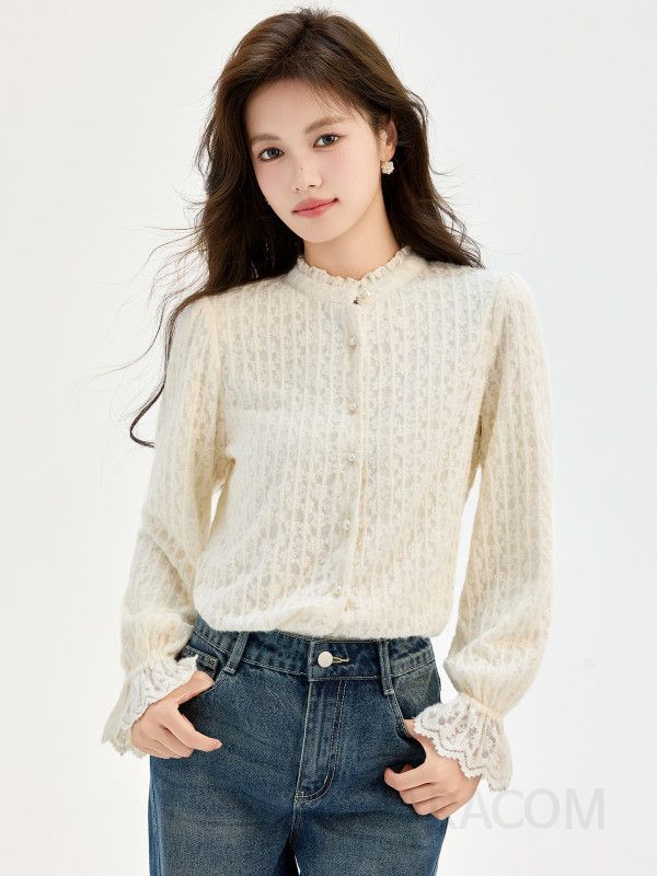 여성 페미닌 무드 기모 레이스 진주 버튼 프릴 소매 헨리넥 블라우스 셔츠 오피스룩 하객룩 정장 따뜻한 이너 웨어 - 상세 이미지 5