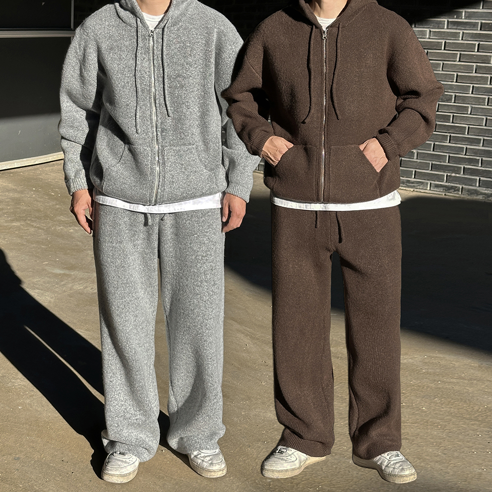 남자 니트셋업 오버핏 후드 집업 밴딩 와이드 팬츠 트레이닝복 제품 이미지
