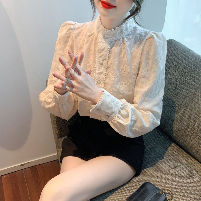 여성 우아한 페미닌 기모 안감 퍼프소매 레이스 스탠드카라 자수 셔츠 블라우스 오피스룩 하객룩 데이트룩 격식있는 - 상세 이미지 4