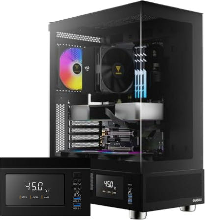 [해외]강화 유리가 장착된 GAMDIAS ATX 미드 타워 컴퓨터 케이스 온도 디스플레이 LCD가 게이밍 PC 및 120mm ARGB 팬 3개 최대 5배 GD-ATLAS E1 Bl