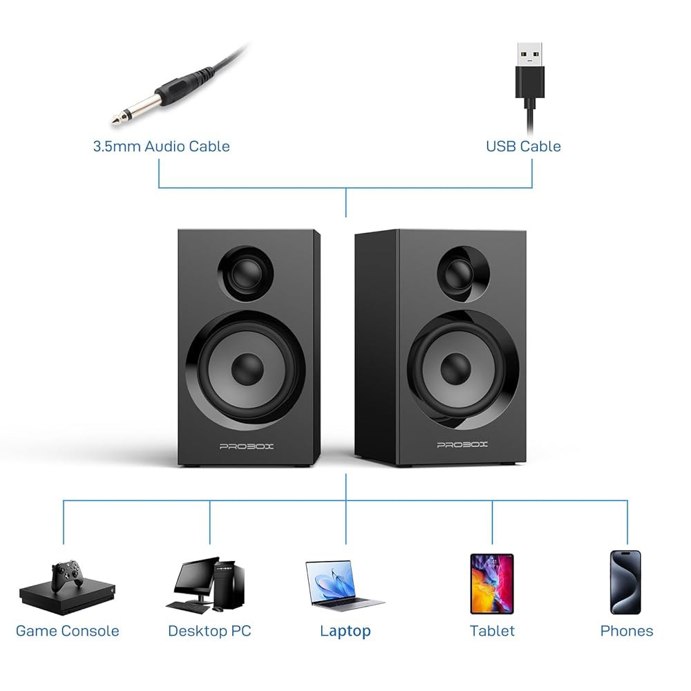 Probox BT16 HiFi 책장 스피커 가능한 - USB DAC 5.3, 스테레오 전원 24비트 PC 60W(30Xx2) 있는 블루투스 및 트레블/베이스가 우퍼, 컴퓨터 3.5 - 상세 이미지 2