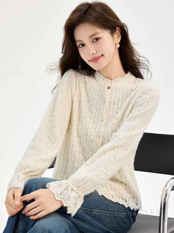 여성 페미닌 무드 기모 레이스 진주 버튼 프릴 소매 헨리넥 블라우스 셔츠 오피스룩 하객룩 정장 따뜻한 이너 웨어 - 상세 이미지 3
