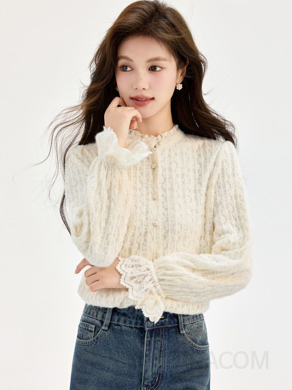 여성 페미닌 무드 기모 레이스 진주 버튼 프릴 소매 헨리넥 블라우스 셔츠 오피스룩 하객룩 정장 따뜻한 이너 웨어 - 상세 이미지 4