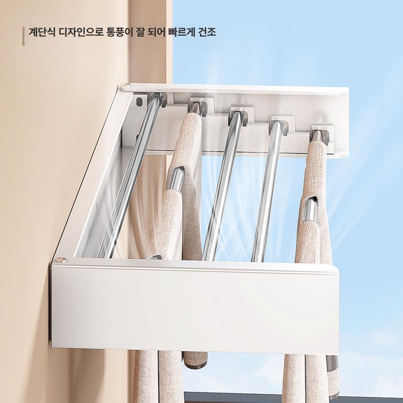 접이식 벽걸이 건조대 무타공 발코니 원룸용 공간활용 화이트 45cm 후크6개포함 - 상세 이미지 4