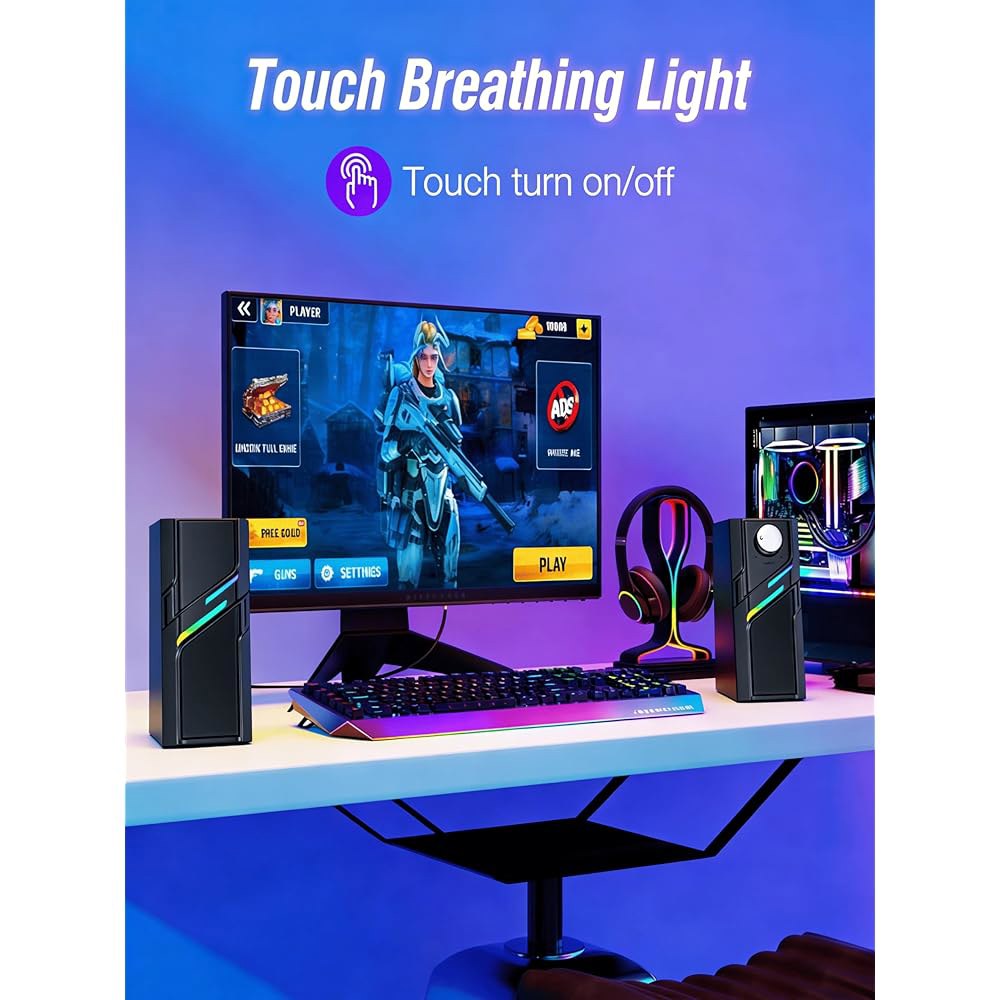 LENRUE 쉬운 손잡이가 있는 데스크탑 PC용 (USB 컴퓨터 AUX) 데스크톱 노트북용 강력한 스피커, 선명하고 터치 조명, 플러그 PC, 앤 모니터, 및 사운드, 플레이 - 상세 이미지 3