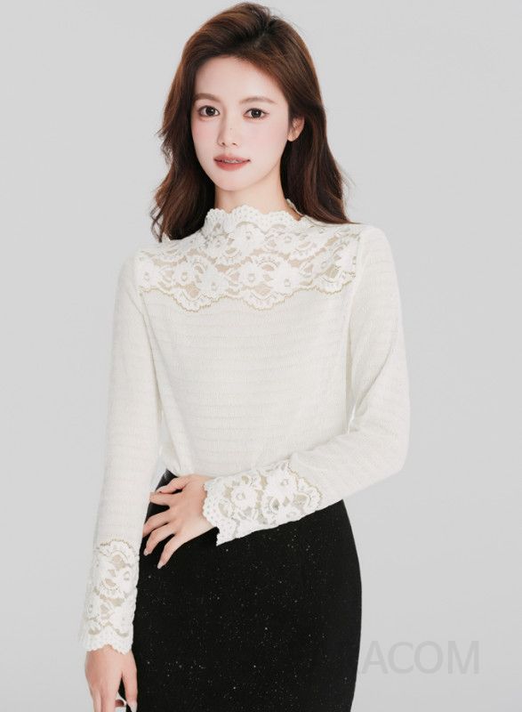 여성 페미닌 슬림핏 레이스 시스루 하이넥 반목 긴팔 티셔츠 오피스룩 하객룩 - 상세 이미지 2