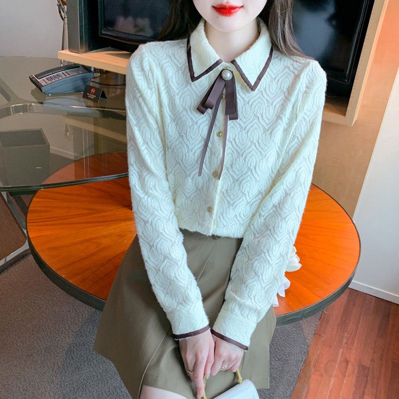 여성 페미닌 무드 기모 레이스 배색 리본 타이 셔츠 블라우스 오피스룩 하객룩 정장 이너 기본 데일리 긴팔 상의 - 상세 이미지 5