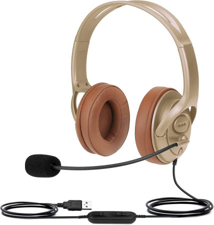 Yexatel [해외]마이크로소프트 팀 줌 스카이프 웹엑스용 마이크가 장착된 USB 헤드셋 - 노이즈 캔슬링 PC 헤드폰 음소거 및 볼륨 조절 기능 원격 업무/온라인 수업용 경량 노트북 Gold