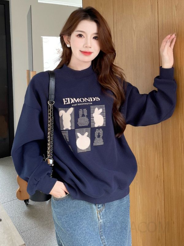 여성 루즈핏 반하이넥 레터링 그래픽 프린팅 기모 긴팔 티셔츠 맨투맨 스웨트셔츠 - 상세 이미지 3