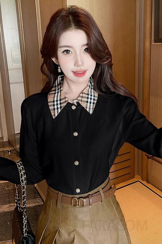 여성 체크 패치워크 니트 가디건 슬림핏 레이어드용 기본 허리길이 코튼 긴팔 봄 가을 스타일 이미지 6
