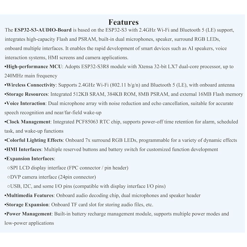 ESP32-S3 AI 스마트 스피커 개발 듀얼 ESP32 음성 보드, 오디오, 캔슬링, 및 지원 상호 연결 RGB 외부 카메라 감소 소음 지원, 에코 조명, 작용 디스플레이 마이크 - 상세 이미지 3