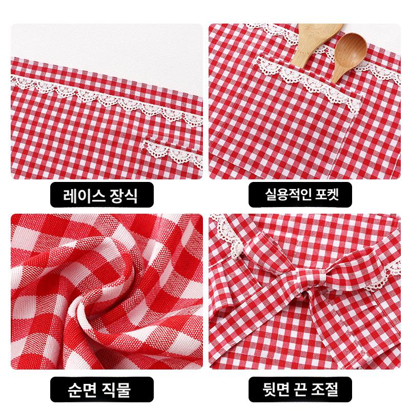 체크 프릴 카페 러블리 가정용 귀여운 미니 퍼프소매 레드-sj501 체크 반신 앞치마 - 상세 이미지 5