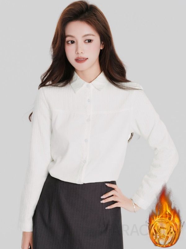 여성 데일리 루즈핏 따뜻한 기모 안감 베이직 셔츠 카라 포켓 긴팔 블라우스 오피스룩 출근룩 격식룩 정장 이너 상의 - 상세 이미지 2