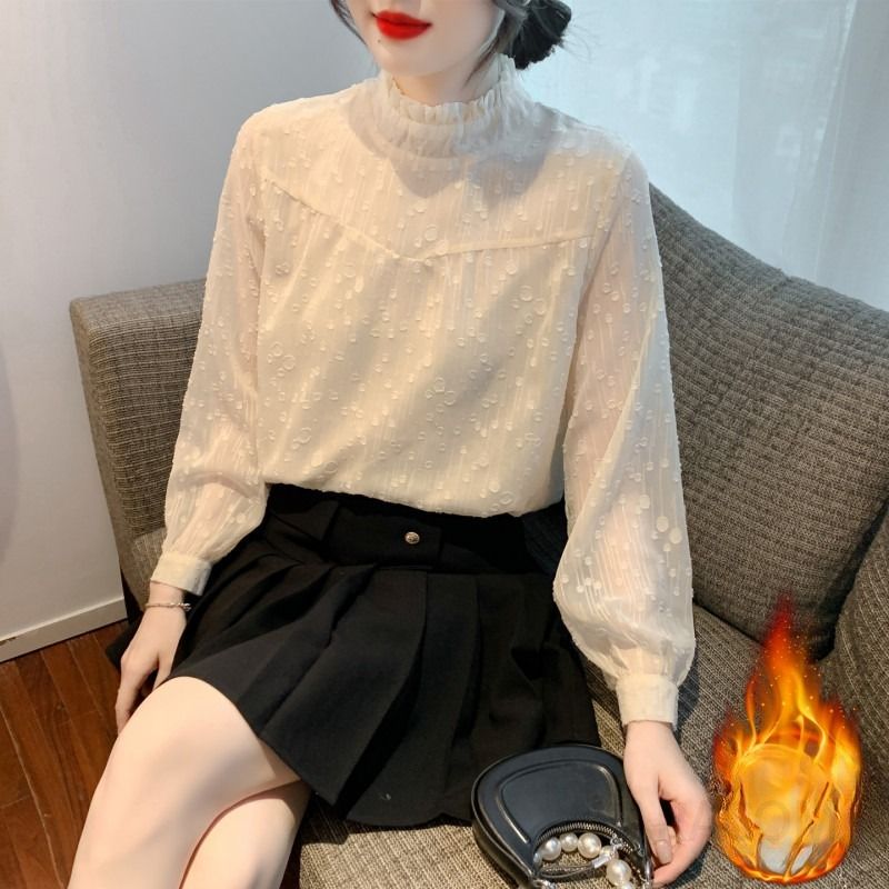 여성 데일리 로맨틱 기모 루즈핏 셔링 프릴넥 퍼프 소매 솔리드 블라우스 출근룩 하객룩 레이어드 베이직 페미닌 무드 - 상품 이미지