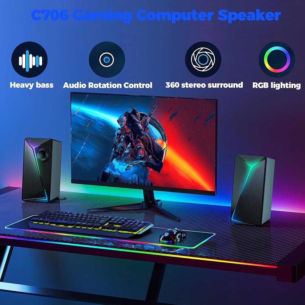 ROSON 컴퓨터 스피커, 향상된 베이스 볼륨 USB 전원 2.0 3.5mm Aux 게이밍 스테레오 및 멀티미디어 PC 노트북/데스크톱/태블릿/휴대폰용 컨트롤이 있는 스피커 - 상세 이미지 2