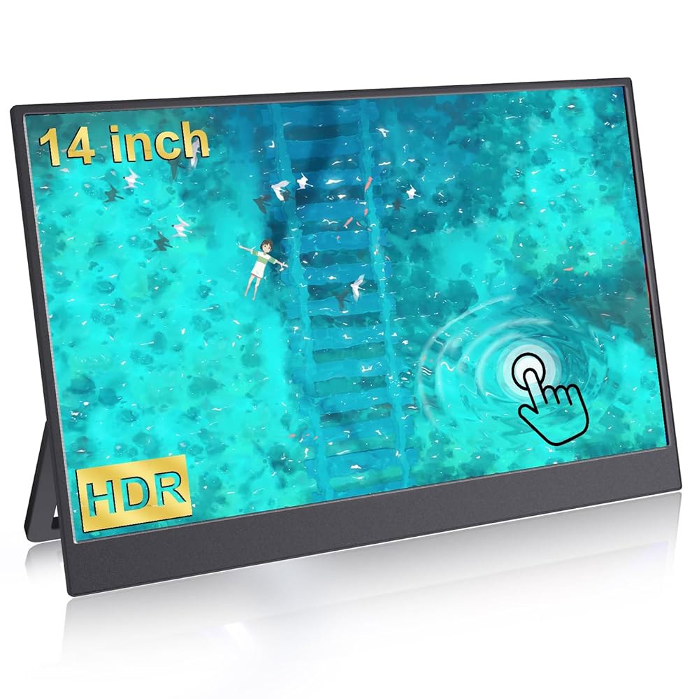 JUSTTHINK 휴대용 모니터 14인치, 터치스크린, 응답 HDMI 책상 스피커, IPS, USB-C 내장 60Hz, 0.6kg(1.3파운드), 연결, 빠른 HD 킥스탠드 마운트 - 상품 이미지