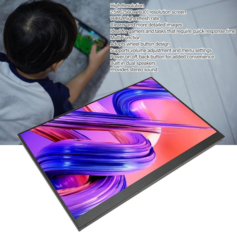 16인치 휴대용 모니터, 2.5K 2560x1600 설정 3.5mm 볼륨 16 10 듀얼 스피커 외부 보조 조절 미니, 및 타입 모니터 144HZ C 메뉴 노트북용 - 상세 이미지 3