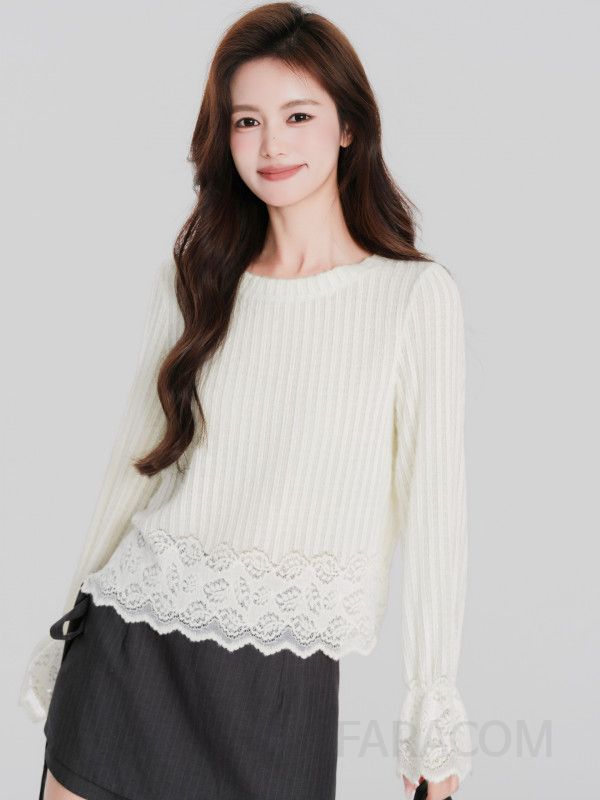 여성 페미닌 무드 기모 안감 레이스 배색 벨소매 리브 니트 티셔츠 오피스룩 하객룩 루즈핏 스트레이트 라운드넥 상의 - 상세 이미지 3