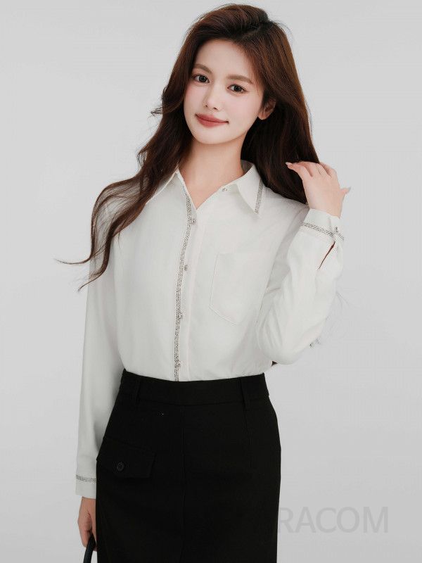 여성 오피스룩 따뜻한 기모 안감 배색 라인 포켓 스트레이트 셔츠 블라우스 - 상세 이미지 4