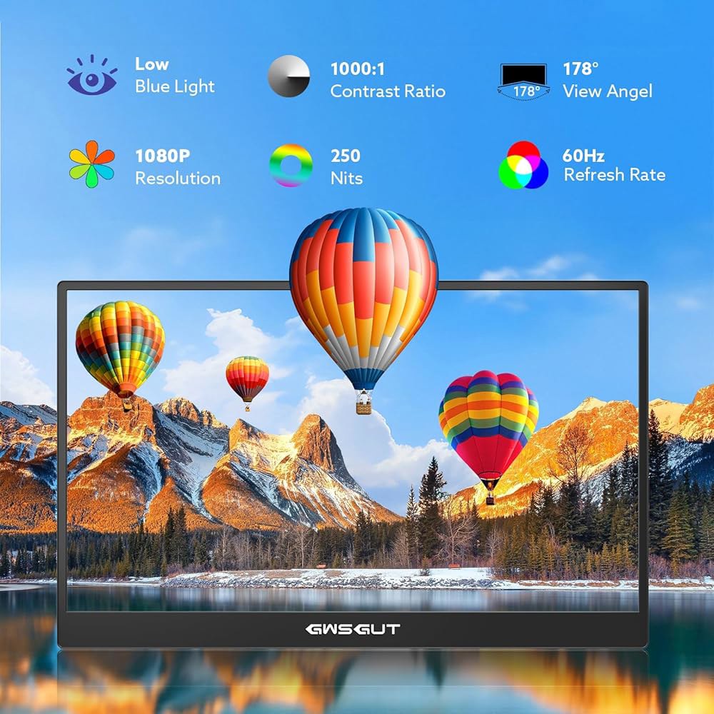GWSGUT 휴대용 모니터 터치스크린 15.6인치 폰 PC 모니터용 울트라 스피커 HDMI FHD 슬림 맥 내장 1080P USB-C PS4/5 스탠드 (1080p IPS, HDR - 상세 이미지 2