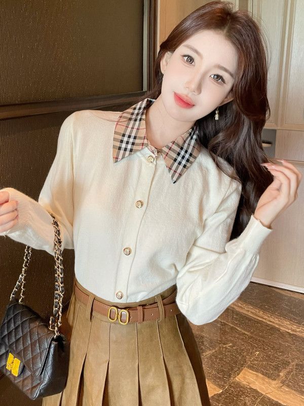 여성 체크 패치워크 니트 가디건 슬림핏 레이어드용 기본 허리길이 코튼 긴팔 봄 가을 스타일 - 상세 이미지 2