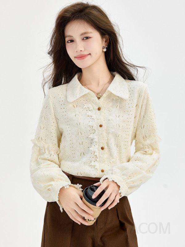 여성 페미닌 무드 기모 안감 따뜻한 펀칭 레이스 자수 카라 배색 셔츠 블라우스 오피스룩 출근룩 데이트룩 - 상세 이미지 4
