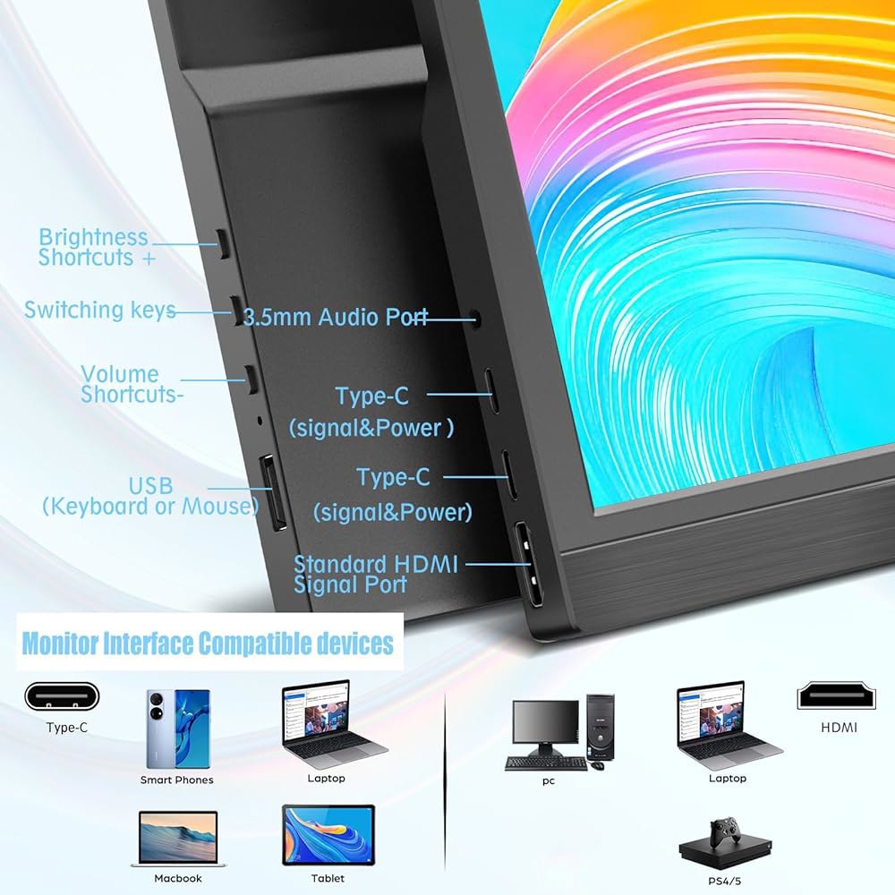 Kenowa 휴대용 모니터 11.6인치, FHD 폰 디스플레이, HDMI 1080P PS4/5 스크린 내장 Xbox용 외장 모니터, 듀얼 LED PC USB C 스피커 HDMI, - 상세 이미지 2