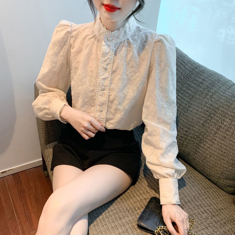 여성 우아한 페미닌 기모 안감 퍼프소매 레이스 스탠드카라 자수 셔츠 블라우스 오피스룩 하객룩 데이트룩 격식있는 - 상세 이미지 2