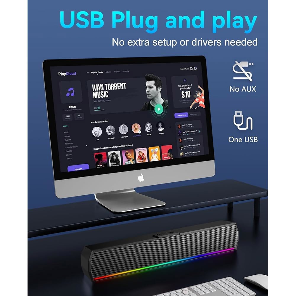 Kunodi 데스크탑 모니터용 USB 컴퓨터 사운드가 스테레오 조명 작업용 플레이, PC 모니터 C 플러그 있는 다채로운 스피커, 전원 앤 노트북 태블릿 모드, Black - 상세 이미지 3