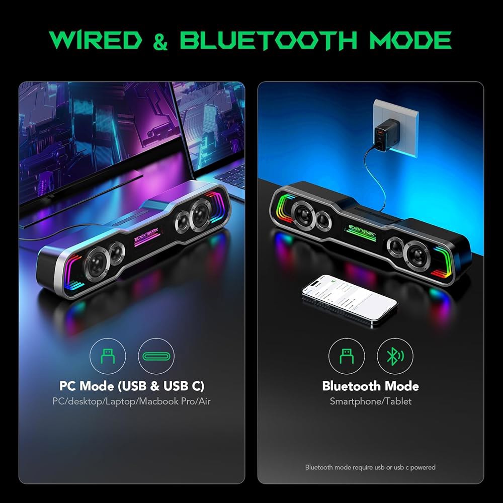 Black Shark 데스크톱용 블루투스 컴퓨터 모니터 조명 RGB 노트북용 레이어 멀티 C/USB (BS-SP1) 게이밍 다이나믹 USB 사운드 딥 데스크톱 바, 전원 PC 스피 - 상세 이미지 3