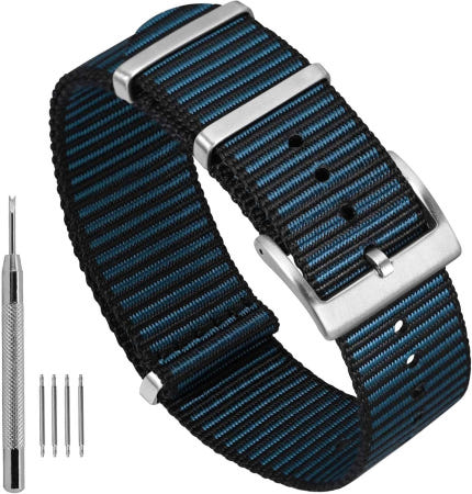 Ayadoo [해외]아야두 스트라이프 나일론 시계 밴드 20mm 교체와 호환되는 스포츠 원피스 스트랩 블랙 앤 블루 실버 버클 포함 Black & Blue-Black 18mm