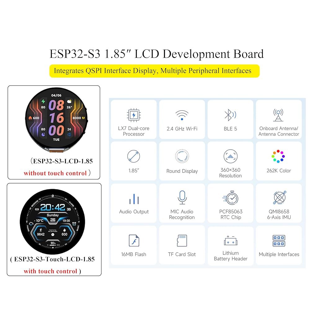 ESP32-S3 1.8인치 원형 디스플레이 개발 작용 오프라인 음성 포함 8 보드, IPS 360 360 LCD, 및 2W 오디오 코덱, 스피커 지원, AI 인식 240MHz, - 상세 이미지 3