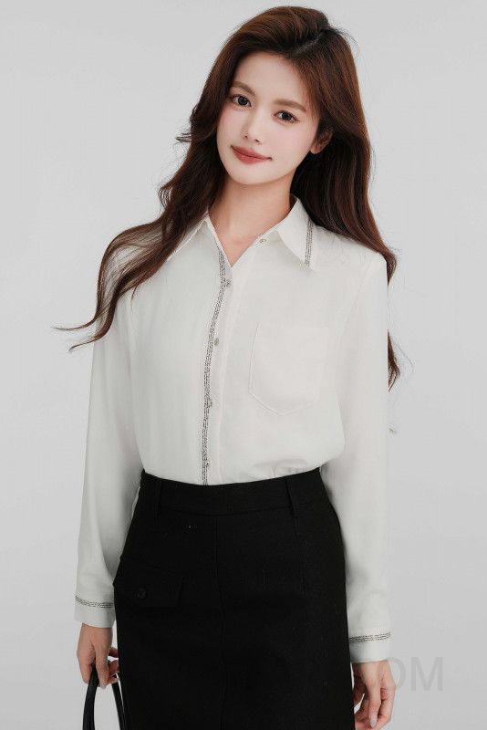 여성 오피스룩 따뜻한 기모 안감 배색 라인 포켓 스트레이트 셔츠 블라우스 - 상세 이미지 5