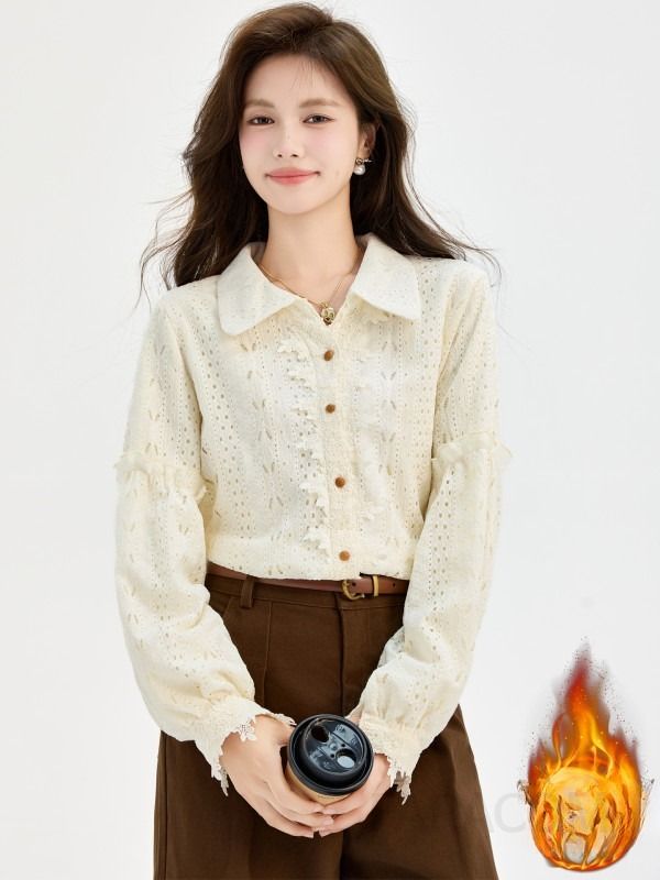 여성 페미닌 무드 기모 안감 따뜻한 펀칭 레이스 자수 카라 배색 셔츠 블라우스 오피스룩 출근룩 데이트룩 - 상세 이미지 2
