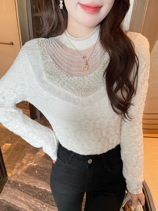 가을 여성 라운드넥 레이스 플리스 안감 슬림핏 블라우스 비즈 장식 긴팔 페미닌 스타일 - 상세 이미지 3
