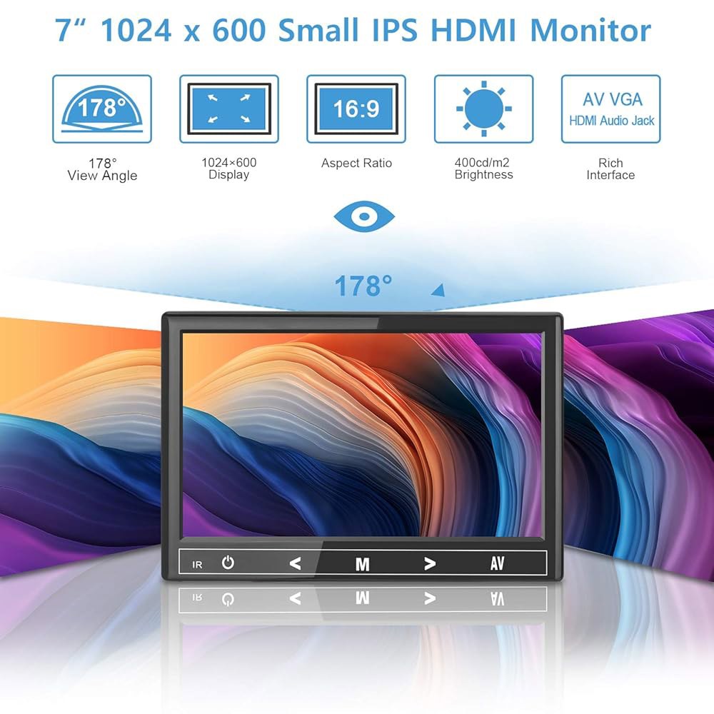 Haiway 7인치 미니 모니터, 1024X600 카메라/게임용, 소형 리모컨 VGA 내장, AV PC/CCTV/라즈베리 IPS 및 이어폰 HDMI PI/보안 잭 스피커 모니터 - 상세 이미지 2
