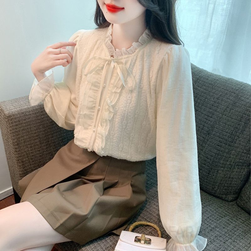 여성 페미닌 무드 따뜻한 기모 안감 프릴 타이 리본 슬림핏 겨울 데일리 오피스룩 하객룩 블라우스 - 상세 이미지 2