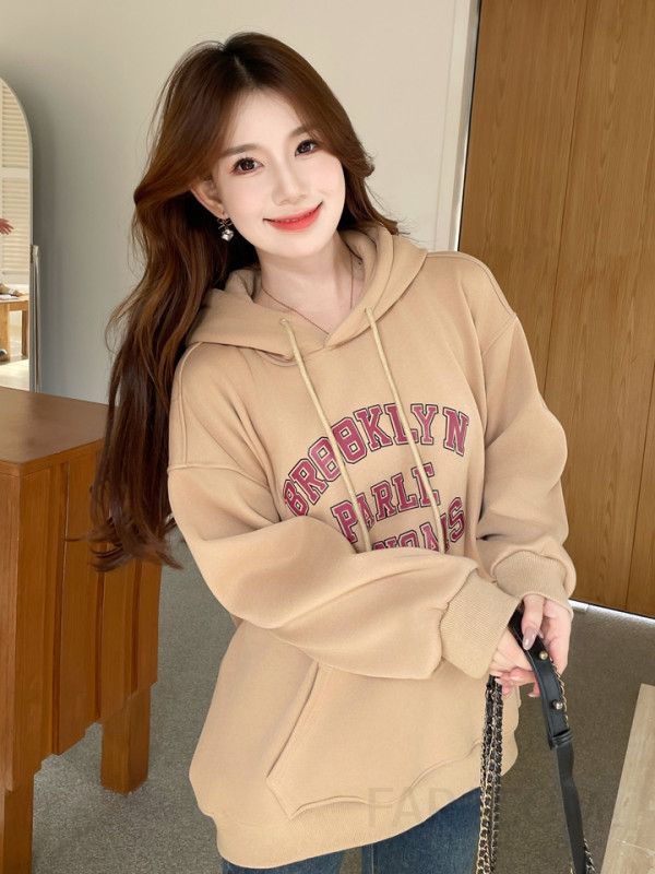 여성 루즈핏 오버핏 레터링 후드 맨투맨 데일리 캐주얼 캠핑룩 여행룩 빅사이즈 와이드핏 포켓 긴팔 티셔츠 이미지 6