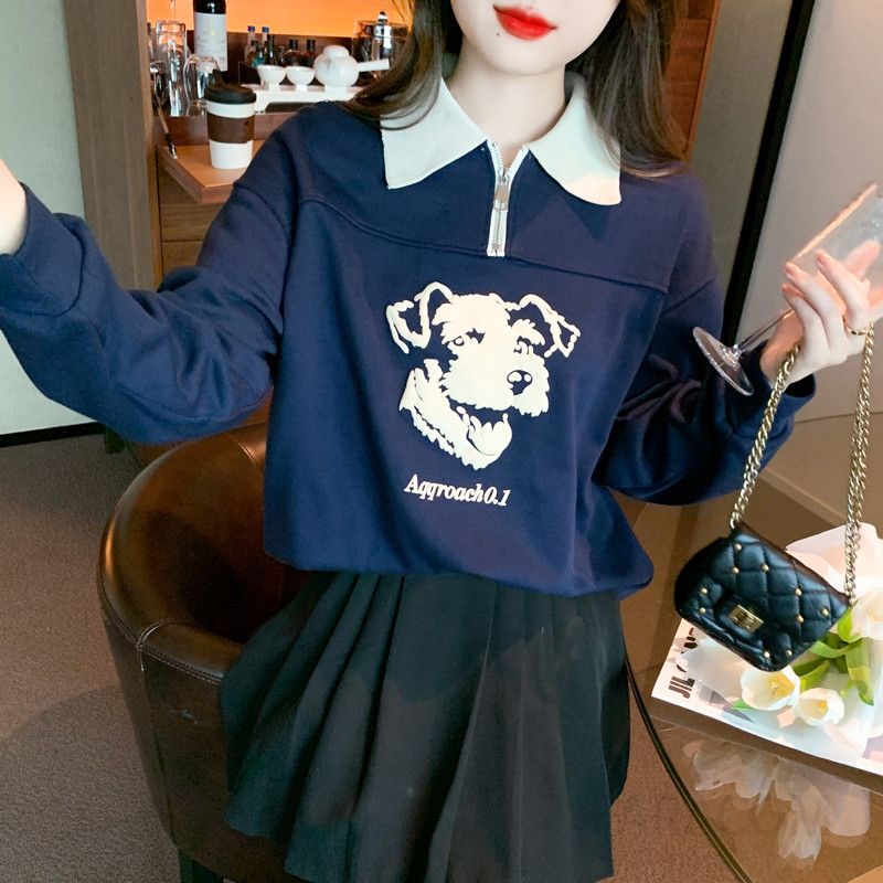 여성 캐주얼 데일리 오버핏 기모 배색 카라넥 자수 강아지 그래픽 긴팔 맨투맨 티셔츠 - 상세 이미지 4