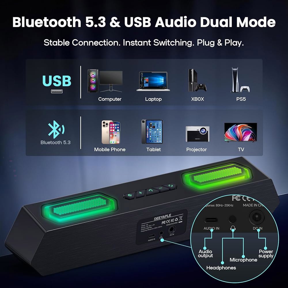 Deeyaple 컴퓨터 스피커, 블루투스 5.3 있는 USB 오디오가 맞춤형 및 PC용 40W 소프트웨어 무선 RGB (블랙) 게이밍 사운드바, 노트북, 전원 외부 EQ, 어댑터 - 상세 이미지 3