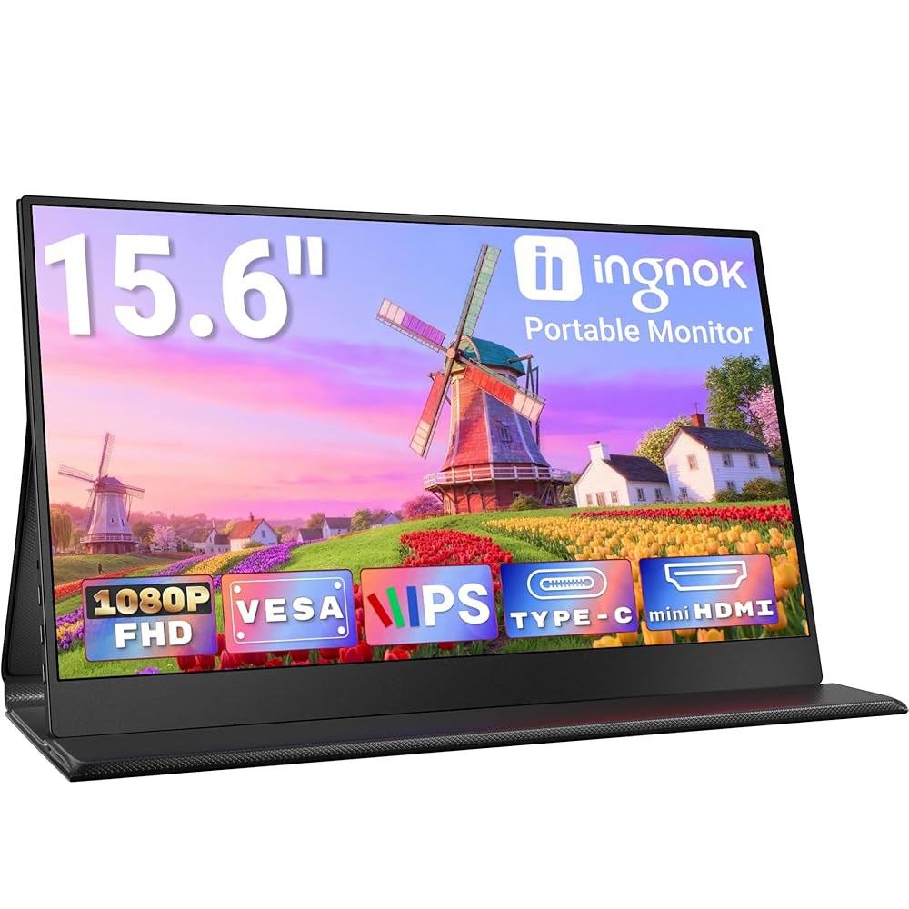 Ingnok 휴대용 모니터, 15.6인치 FHD USB-C 맥, 초박형, 플러그 어시스턴트 및 앤 사무실 스크린, 스피커, 내장 1080P 스위치/PS5용 여행 노트북, 플레이, - 상품 이미지