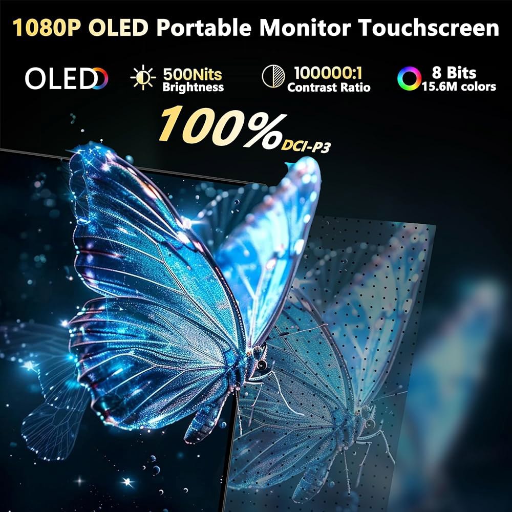 13.3인치 1080P OLED 휴대용 모니터 HDR 내장 500니트 스탠드 노트북 밝기 여행용 Xbox 터치스크린 맥 명암비 100000 1 스피커 디스플레이, PS4/5 폰 - 상세 이미지 2