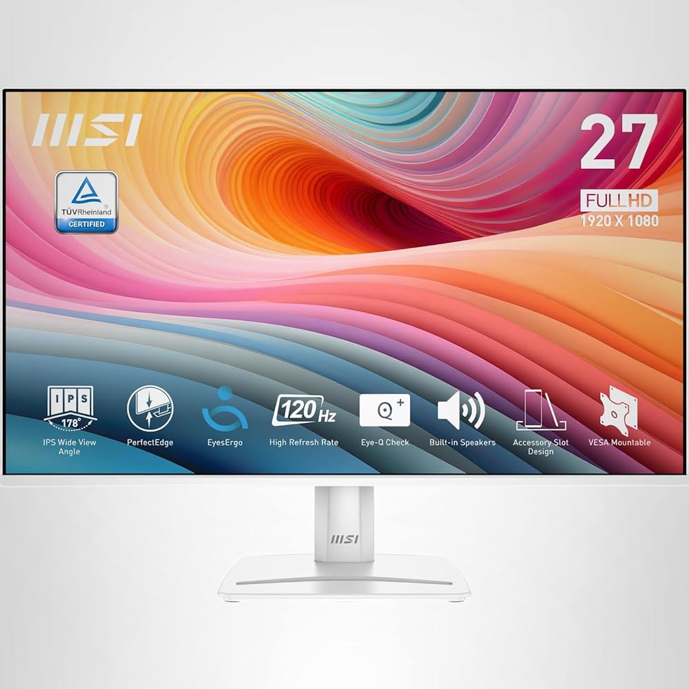 PRO MP275W E2 27인치 IPS x 120Hz, 게이밍 1080(FHD) VESA 화이트 스피커, 포트, 1ms, VGA 베젤 4면 디스플레이포트, 장착 가능, 1920 - 상품 이미지