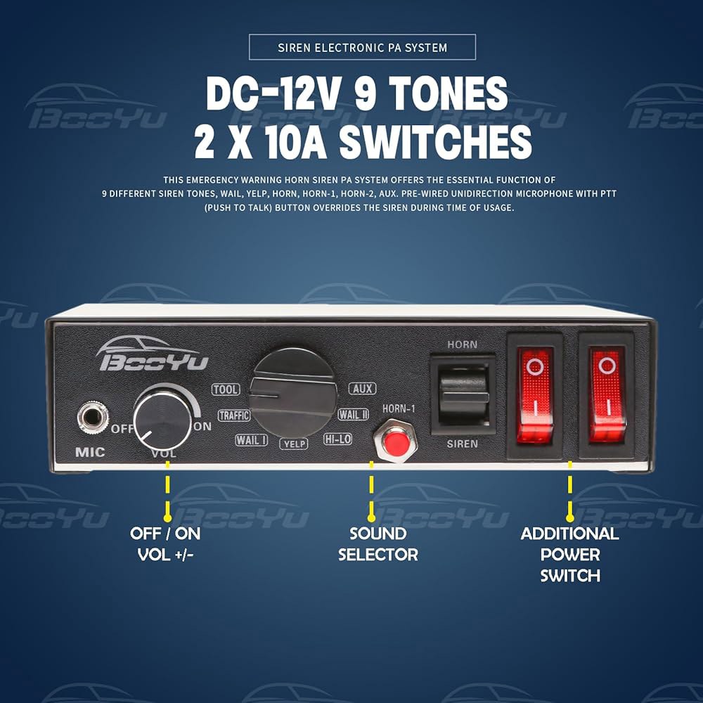 BooYu 12V 100W Police Emergency Siren Speaker for Vehicles Truck, 9Tone Black Steel Horn Alarm PA Sy - 상세 이미지 3
