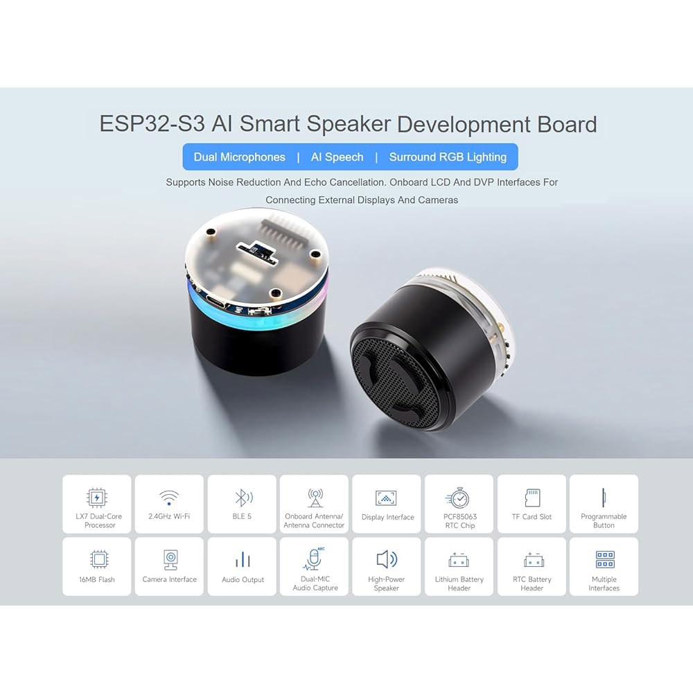 ESP32-S3 AI 스마트 스피커 개발 조명, 음성 서라운드 작용, 카메라, BlE 상호 및 LCD 지원 보드, 등 RGB Wi-Fi 마이크 오디오 외부 캡처, 2.4GHz 디스 - 상세 이미지 2