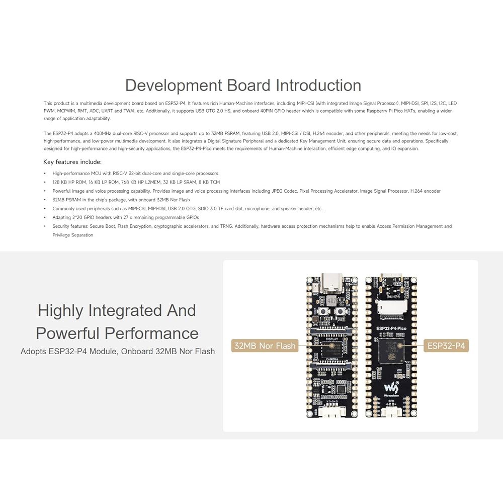 ESP32-P4 Pico 개발 보드는 모듈을 등 2.0 코어 온보드 특징으로 및 주변 마이크, 프로세서, 싱글 장치를 RISC-V MIPI-CSI/DSI, 채택하고 합니다 헤더, - 상세 이미지 3