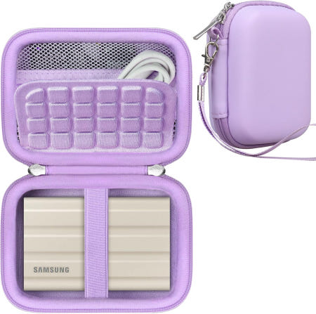[해외]삼성 T7 쉴드 휴대용 SSD 1TB 2TB 4TB용 RAIAL 하드 캐리링 케이스 외장 드라이브 보관 여행 가방 USB 케이블 액세서리용 메시 포켓 퍼플