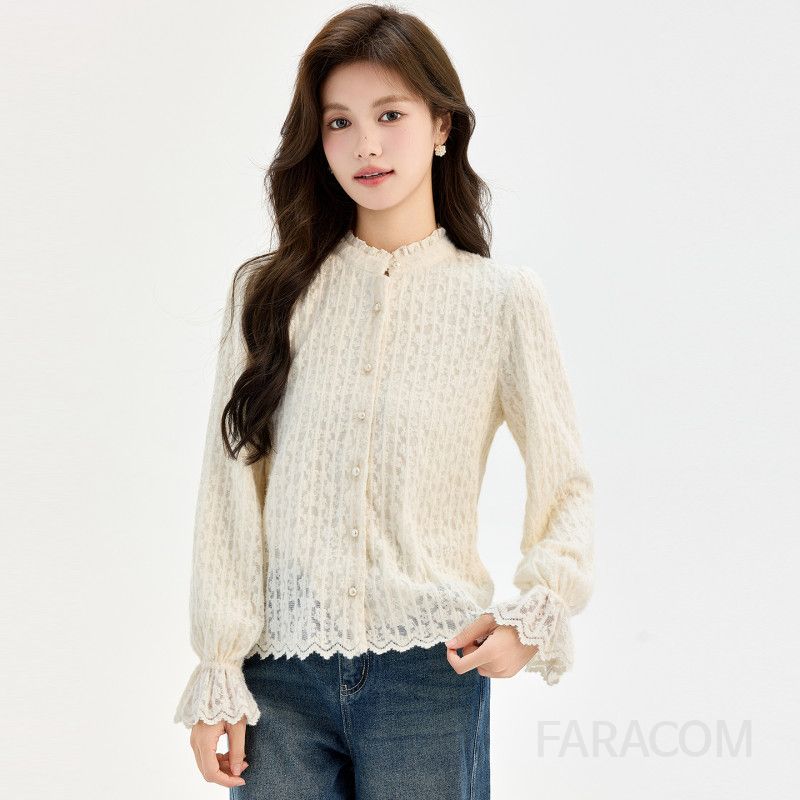 여성 페미닌 무드 기모 레이스 진주 버튼 프릴 소매 헨리넥 블라우스 셔츠 오피스룩 하객룩 정장 따뜻한 이너 웨어 - 상품 이미지