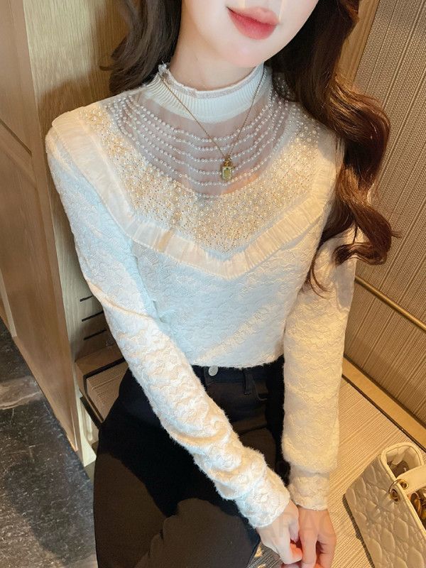 가을 여성 라운드넥 레이스 플리스 안감 슬림핏 블라우스 비즈 장식 긴팔 페미닌 스타일 - 상세 이미지 5