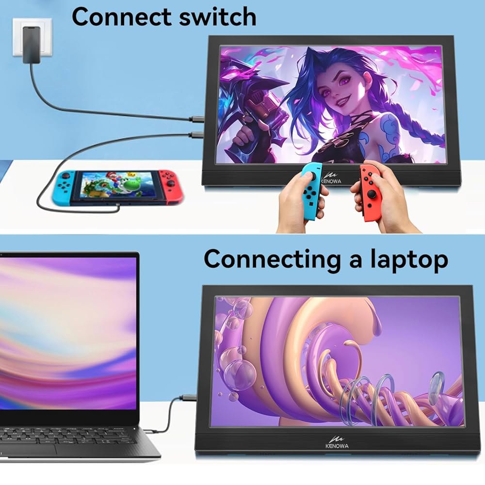 Kenowa 휴대용 모니터 11.6인치, FHD 폰 디스플레이, HDMI 1080P PS4/5 스크린 내장 Xbox용 외장 모니터, 듀얼 LED PC USB C 스피커 HDMI, - 상세 이미지 3
